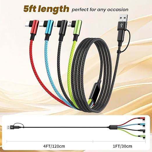 Travel Essentials 90 Degree Charging Cable, 4 in 2 USB A/USB C Multi Charging Cable, Right Angle Universal Phone Charger with IP/Type C/Type C/Micro Port, Compatible with Most Cell Phones and More