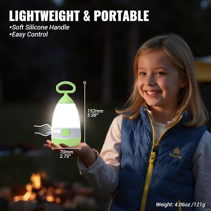 Kids Camping Lantern & Night Light Battery Powered, 360° Eye-Safe Light (AAA Included), IPX4 with RGB Modes Portable for Outdoor, Emergency , Gift for Children (Green+Red 2 Pack)