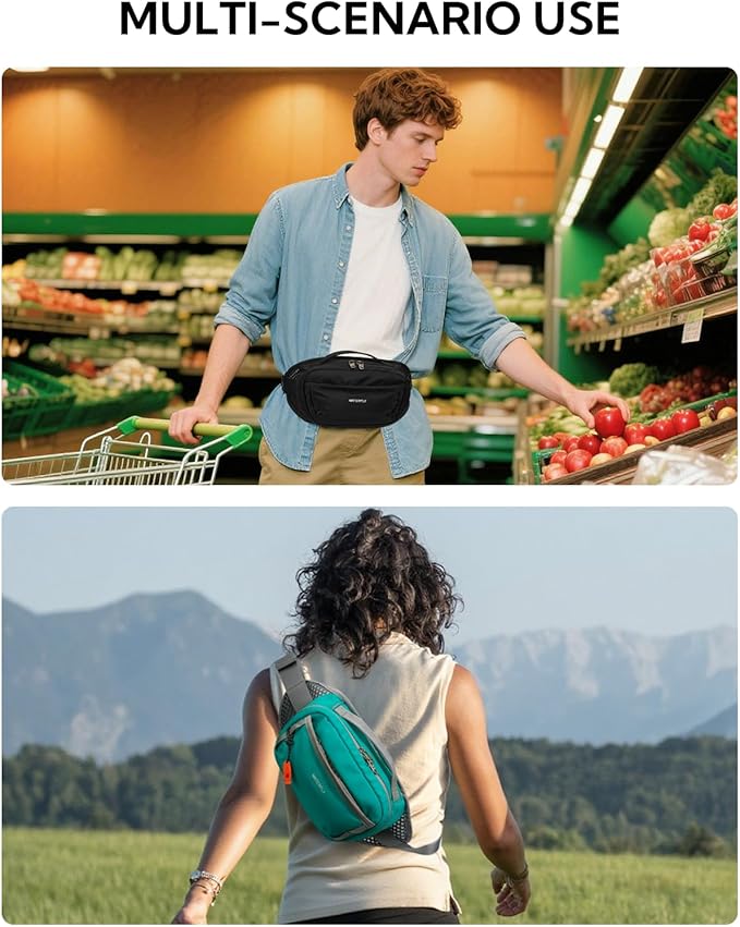 WATERFLY Fanny Pack Waist Bag: Large RFID Blocking Crossbody Bags with Multi-Pockets, Breathable Casual Anti-Theft Hip Pouch for Women Men Traveling Walking Hiking-Cyan