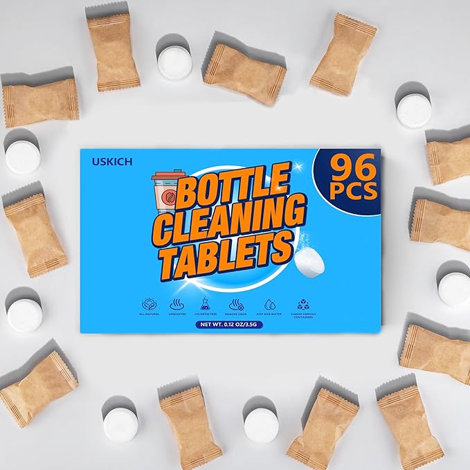 96Pack Water Bottle Cleaning Tablets, Bottle Bright Clean Stainless Steel, Thermos, Tumbler, Insulated and Reusable Water Bottles,Removes Stubborn Stains and Odors