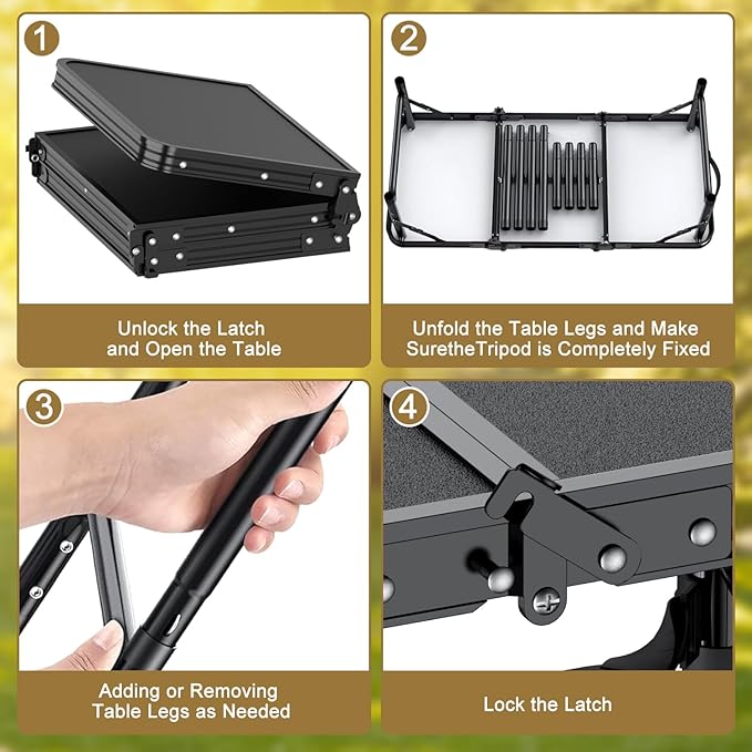 Folding Camping Table, 3 FT Folding Portable Camping Table, Outdoor&Indoor Picnic Table with 3 Adjustable Height Max 27.1",Lightweight Aluminum Camping Tables, Car Camping Essentials-Pure Black