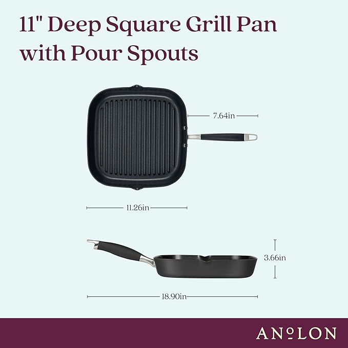 Anolon Advanced Home Hard Anodized Nonstick Deep Square Grill/Griddle Pan with Pour Spouts, 11 Inch, Onyx