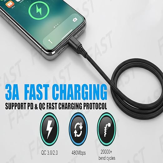 10-Pack USB Type-C Cables [3.3 ft / 1 m | 3A Fast Charge | Braided] – USB-A to USB-C Charger Cords, Compatible with iPhone 17/17 Pro/16e/16/15 Pro Max, Samsung Galaxy S25/S24/S23, Google Pixel 10/9/8