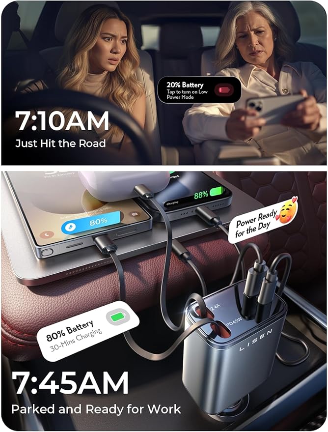 LISEN Retractable Car Charger, Gifts for Men Women, 84W Car Adapter USB C Fast Charger for iPhone, Travel Essentials Car Accessories for Men Women Gifts for iPhone 17 16 15 14 13 12 11 X Samsung S26