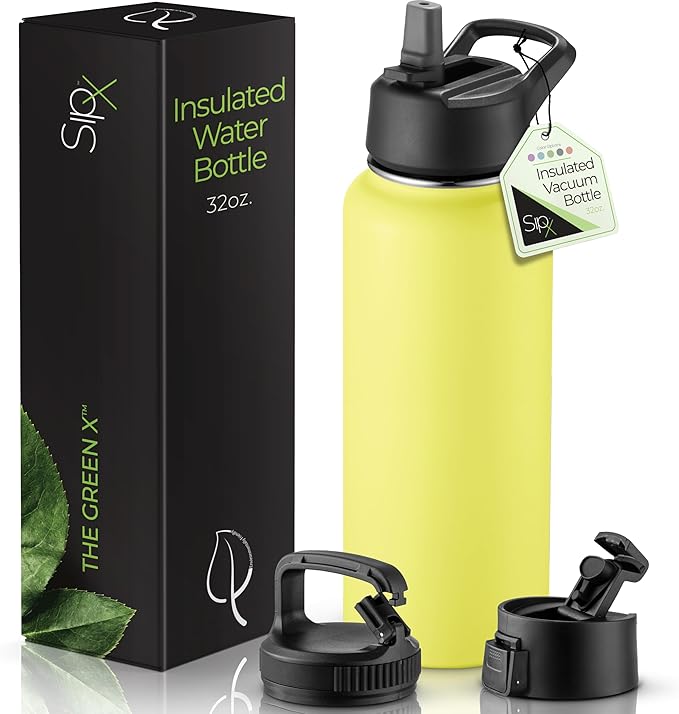 SipX™ Triple-Insulated Stainless Steel Water Bottle 32oz. With 3 Lids, BPA-Free Reusable Insulated Water Bottle Keeps Cold 24 Hours, (Yellow)