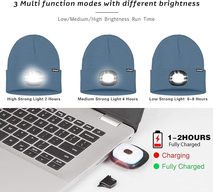 ATNKE LED Lighted Beanie Hat,USB Rechargeable 4 LED Running Headlamp Bright Cap with The Light Gifts for Men and Women
