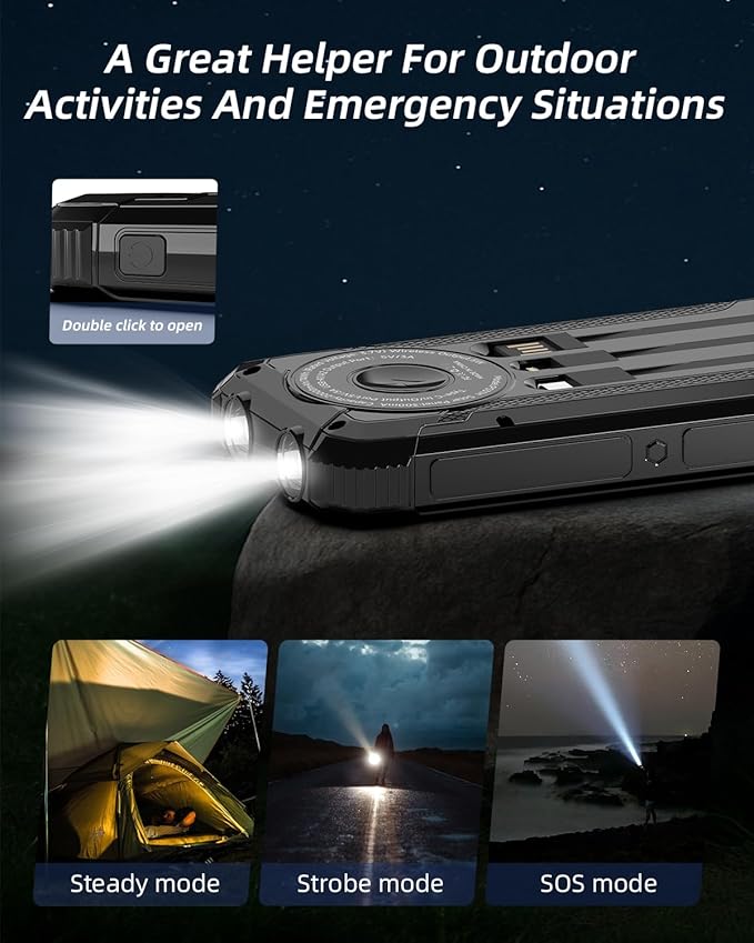 Solar Power Bank 20000mAh, Wireless Charger with 15W Fast Charging, 3 Data Cables, USB-C Output, Dual Flashlights, Portable Outdoor Battery Pack for iPhone, Samsung, and More, for Camping, Emergency