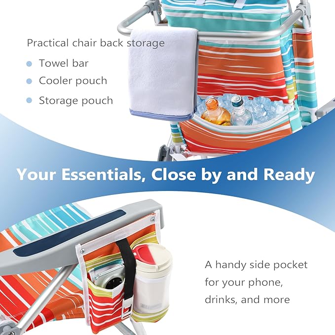 5-Position Aluminum Lay Flat Backpack Beach Chair, Compact Portable Low Beach Chairs for Adults with Cooler Pouch, Storage Pouch, Towel Bar, Cup Holder & Phone Holder, Multicolor Stripe