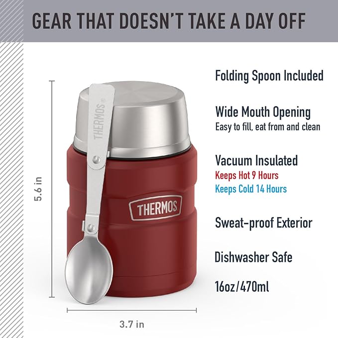 THERMOS Stainless King Vacuum-Insulated Food Jar with Spoon, 16 Ounce, Rustic Red