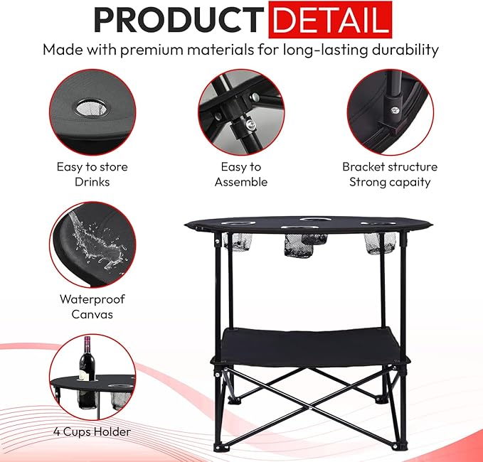 Camping Table, 2-Tier Folding Portable Table with 4 Cup Holders, Camping Cip & Carry Bags for Camping, Collapsible Table Steel Frame, High-Grade 600D Canvas, for BBQ, Fishing, and Picnic