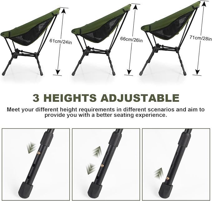 MINGPINHUIUS Portable Camping Chair Backpacking Chair: Ultra Light Height Adjustable Foldable Outdoor Chair Setup in Fast Upgraded Aluminum Frames for Picnic Festival Outside Travel (Military Green)