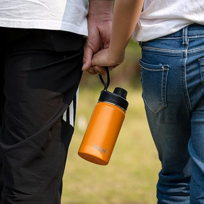 koodee Kids Water Bottle-16 oz Stainless Steel Vacuum Insulated Water Bottle for Back to School Wide Mouth Flask with Leakproof Spout Lid (Cosmic Orange)