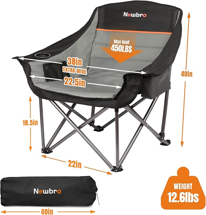 2 Pack Big Heavy Duty Camping Chairs with Cooler Bags, XL Fully Padded Folding Portable Camping Chairs for Adults, Oversized Outdoor Patio Lawn Chair with Arm Cup Holder Supports 450lbs