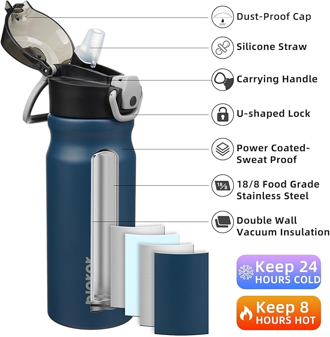 BJPKPK Insulated Water Bottle 18oz Stainless Steel Water Bottles With Straw And Carry Handle Double Wall Metal Thermo,Navy Blue