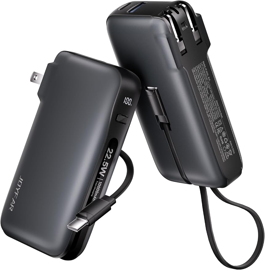 22.5W Portable Charger with Built-in USB-C Cable & Wall Plug, 10,000mAh Fast Charging USB C Power Bank, Travel Essential Battery Pack for iPhone 16/15 Series, Samsung Galaxy, iPad More Devices