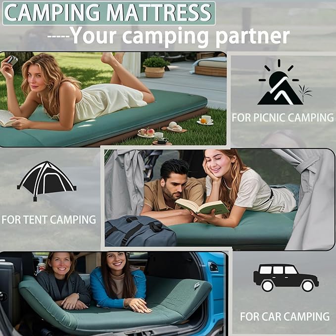 LINKET Self Inflating Sleeping Pad: Sleeping Pad with Electric Pump 3.2" Ultra-Thick Memory Foam & Built-in Pillow All Season Camping Mattress for Tent Travel Car - Self Inflating Air Mattress Green