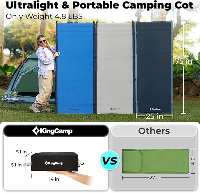 KingCamp Camping Cot,Folding Portable Ultralight Compact Cots for Outdoor Backpacking Travel,Sleeping Cots for Adults Hiking Mountaineering with Pillow and Storage Bag,Lounging Cot Grey