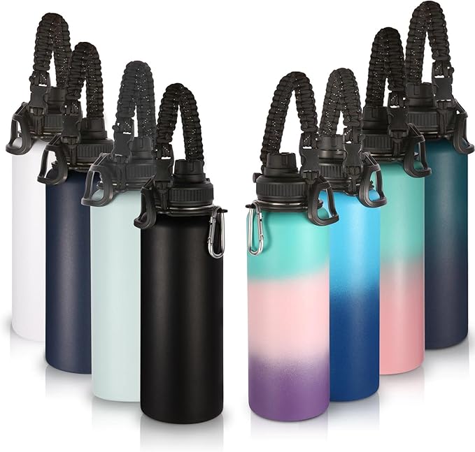 Volhoply Insulated Water Bottles Bulk 8 Pack, 40 oz Steel Sports Bottle with Paracord Handle & Spout Lid, Double Wall Vacuum Water Cups with Wide Mouth,Reusable Large Water jug(Eight Color,8 Set)