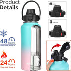 Water Bottle Insulated 32oz 40oz 64oz 128oz Straw Lid Spout Lid & 3 Lids, Leak Proof, Vacuum Insulated,Stainless Steel Water Bottle Wide Mouth for Sports, Gym or Office