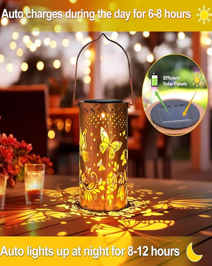 Solar Lanterns Outdoor, Waterproof Butterfly Garden Decor Birthday Gifts for Women Mom Grandma, Metal Hanging Solar Lights Decoration Outside LED Lanterns for Patio Yard Lawn Backyard Front Porch