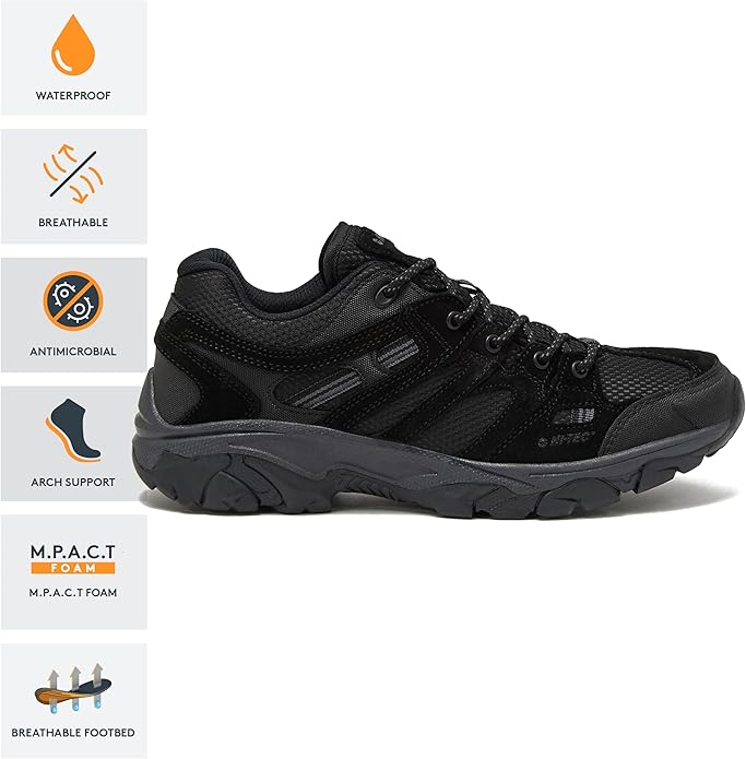 HI-TEC Ridge Low Waterproof Hiking Shoes for Men, Lightweight Breathable Outdoor Trekking and Trail Sneakers, Sizes 7 to 15, Medium and Wide Width