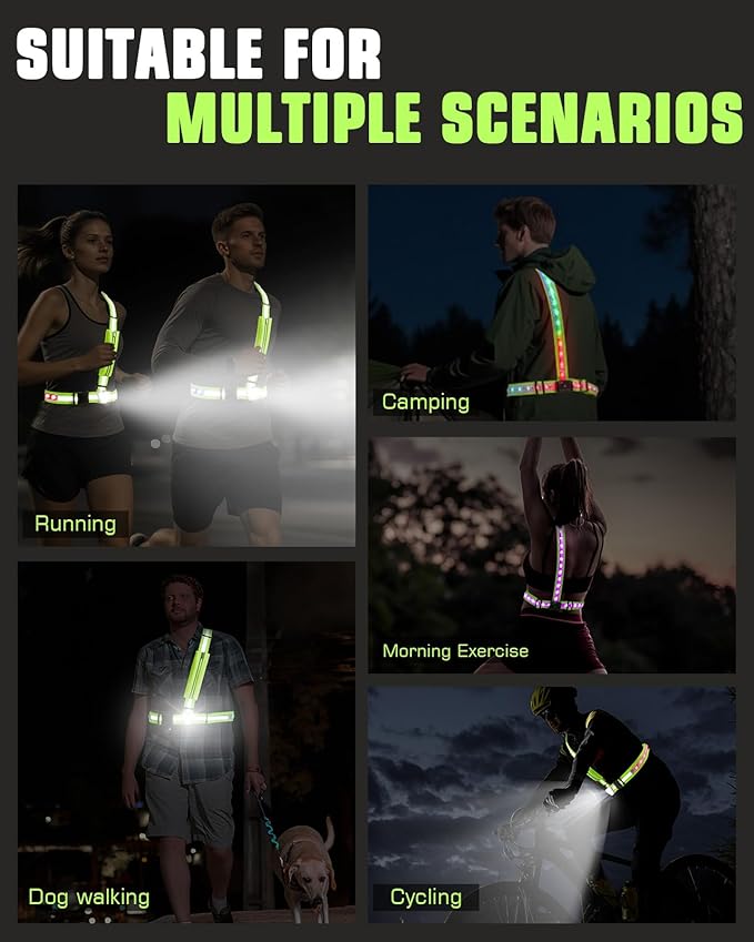 Zacro Reflective Running Vest with 9 RGB Modes, 500LM High Visibility Chest Light for Runners, Rechargeable Light Up Running Gear for Night Safety Cycling Hiking Dog Walking Adjustable for Men Women