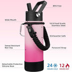 BJPKPK Insulated Water Bottle with Straw Lid, 22oz Thermo Water Bottles with 3 Lids, Paracord Handle & Non-slip Boot, BPA Free Leak Proof Stainless Steel Tumblers, Cups,Cherry