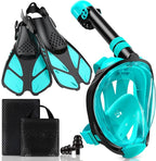 Mask Fins Snorkeling Gear for Adults, Full Face Snorkel Mask & Adjustable Swim Fins Snorkel Set, Panoramic View Snorkel Mask Dry Top Anti-Fog Anti-Leak