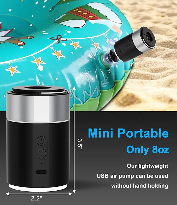 LIBERRWAY Electric Air Pump for Inflatables - Rechargeable Tiny Pump - Cordless Portable Air Pump with Camping Lantern, Quick-Fill Air Mattress Pump for Camping, Pool Floats