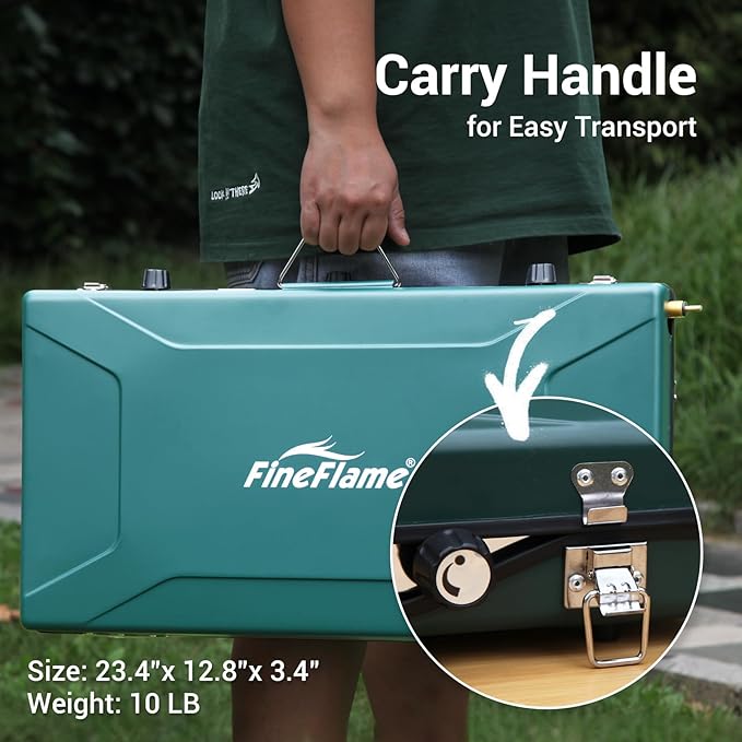 Camping Stove, 3 Burners Propane Portable Camp Stove with Regulator, Push-Button Instant Ignition, Adjustable Burners & Wind Guards for Car BBQ Picnics Outdoor Cooking (GREEN-20400 BTUs)