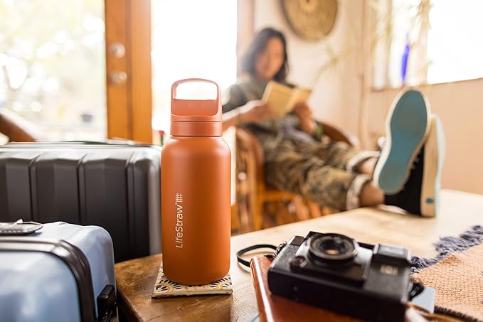 LifeStraw Go Series — Insulated Stainless Steel Water Filter Bottle for Travel and Everyday Use Removes Bacteria, Parasites and Microplastics, Improves Taste, 1L Kyoto Orange