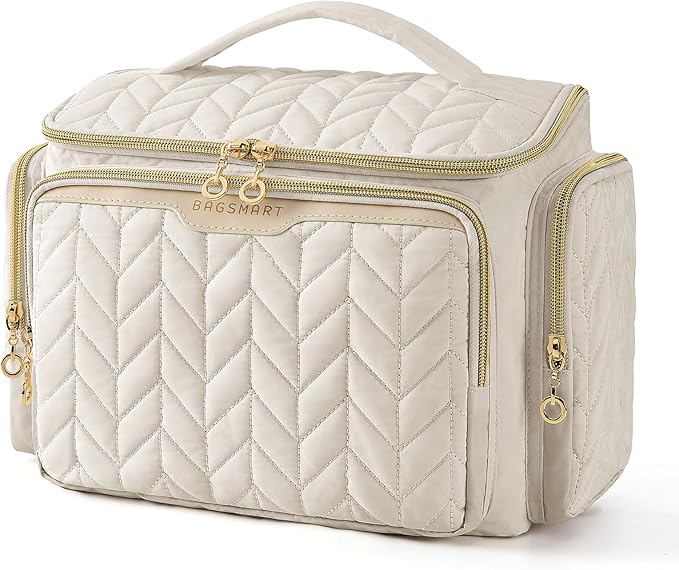 BAGSMART Travel Toiletry Bag, Large Wide-open Travel Bag for Toiletries, Makeup Cosmetic Travel Bag with Handle-Beige