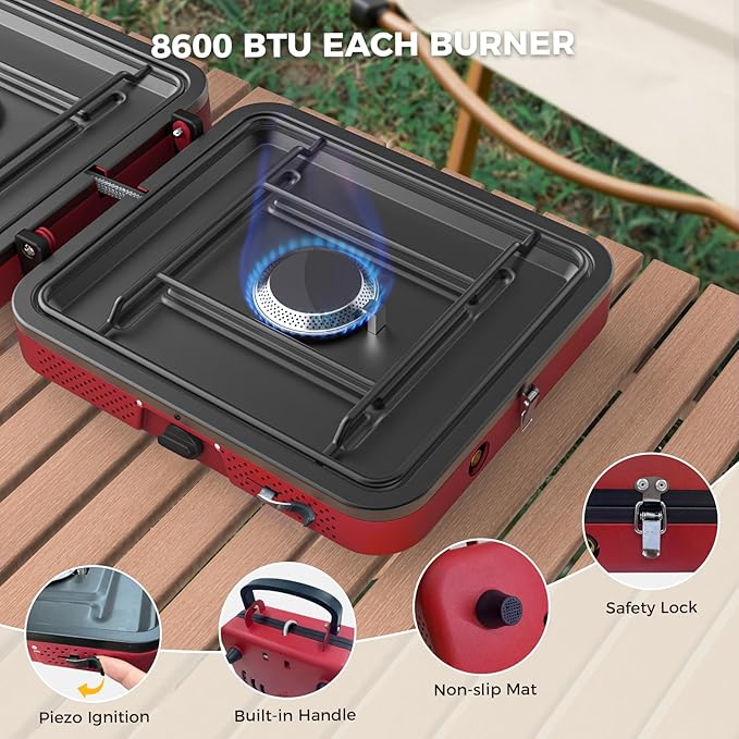 CAMPLUX FoldGo 2 Burner Portable Camping Stove 17,200 BTU, Foldable Propane Stove for Outdoor Cooking with Carry Bag, Portable Gas Stove with 2 Adjustable Burners, Red