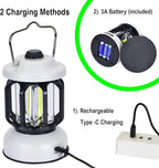 Camping Lantern Rechargeable, 360° Brightness Dimmable Retro Camping Light, Hanging Vintage Camping Lamp Outdoor Tent Light for Power Outage, Hurricane, Emergency, 3A Battery Included, White