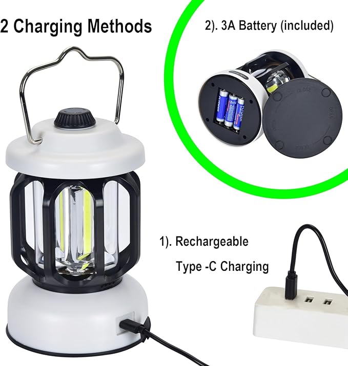 Camping Lantern Rechargeable, 360° Brightness Dimmable Retro Camping Light, Hanging Vintage Camping Lamp Outdoor Tent Light for Power Outage, Hurricane, Emergency, 3A Battery Included, White