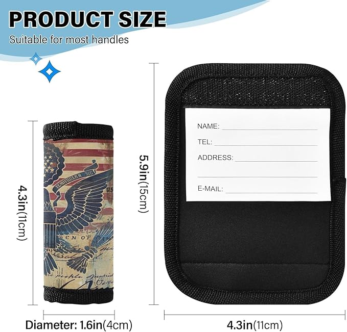 Qilmy Retro American Flag and Eagle Luggage Handle Wrap 2Pack Luggage Identifiers Tag Comfort Handle Grips Cover for Stroller Suitcase Bag Airplane Travel Accessories2378