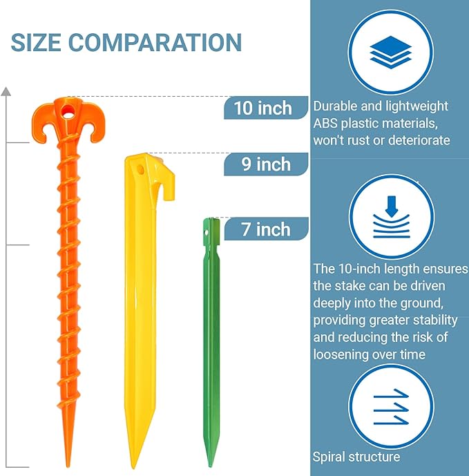 Spiral Plastic Tent Stakes 15 Pack - 10 Inch Heavy Duty Beach Tent Pegs Canopy Stakes - Essential Gear for Camping, Backpacking, Gardening and More