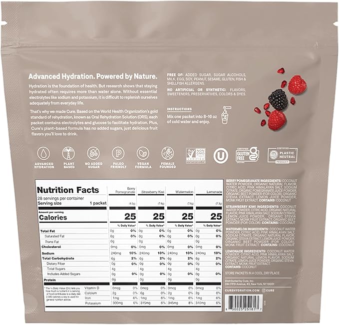 Cure Hydration | Plant-Based Electrolyte Drink Mix | No Added Sugar | FSA-HSA | Dehydration Relief Powder Made with Coconut Water | Non-GMO | Vegan | 28 Packets - Variety Pack