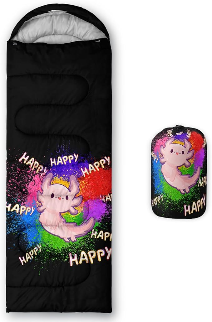 HOSIMA Cartoon Axolotl Sleeping Bags for Kids 10-12,Blue Cartoon Kids Sleeping Bags for Girls Boys,Compact Sleeping Bag for Camping Essentials and Hiking.