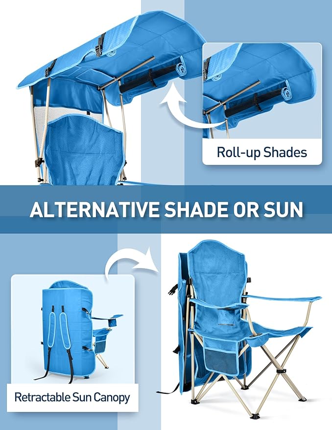 Beach Chair with Canopy Shade, Folding Camping Chair with Canopy with Cup Holder, Side Pocket for Camp, Beach, Tailgates, Fishing - Support 330 LBS