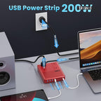 12-in-1 Charging Station USB C Power Strip with 5ft Cord,200W GaN IV USB C Charger Block,4 AC Outlets,8 USB for MacBook,iPhone 16/15/14,Fast Charging Desktop Charger for Office (Red)