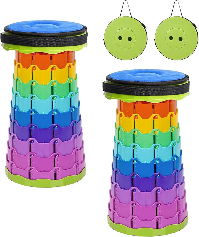 2 Pack Upgraded Collapsible Stool Folding Stool with Cushion,Retractable Folding Stool Max Load Capacity 400lbs, Portable Telescoping Stools for Camping Hiking Outdoor BBQ -Rainbow-Green