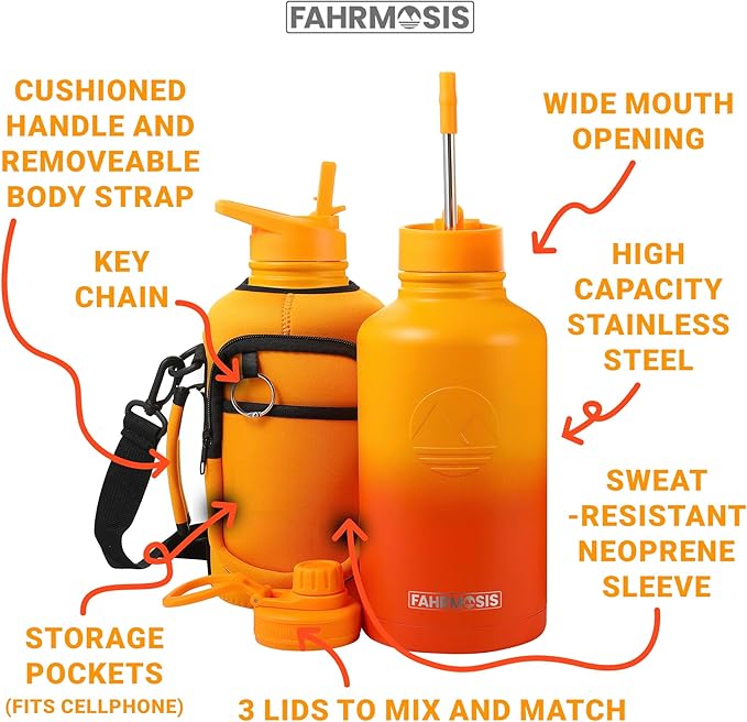 64 Oz Insulated Water Bottle with Strap Stainless Steel Sports Water Bottle with 3 Lids (Straw, Chug and Flip Lid) Leak Proof Metal Half Gallon Jug for Men & Women - Orange Fusion