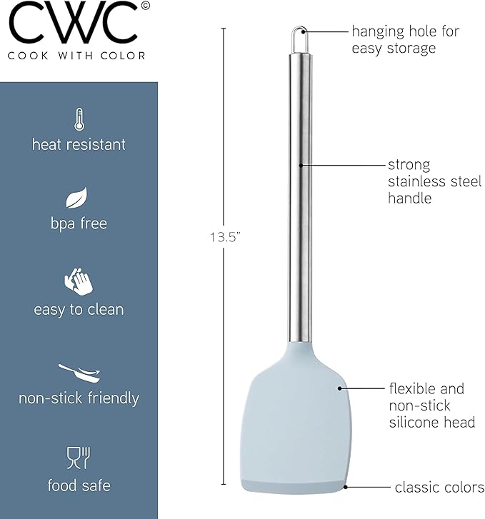 COOK WITH COLOR Silicone Cooking Utensils, Kitchen Utensil Set, Easy to Clean Silicone Kitchen Utensils, Cooking Utensils for Nonstick Cookware, Kitchen Gadgets Set, 10 Pieces, Blue and White