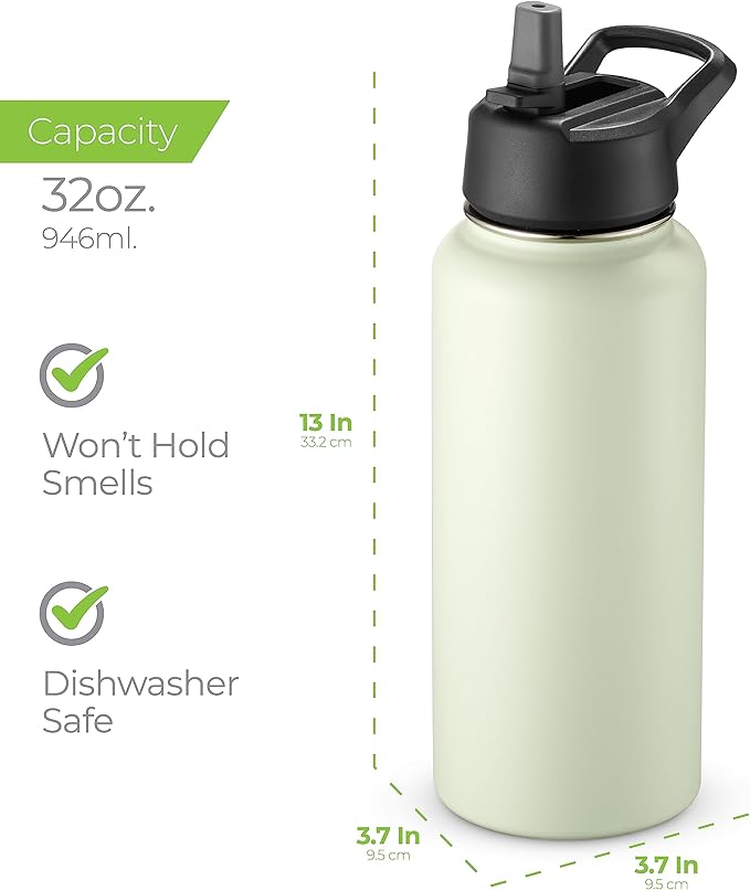 SipX™ Triple-Insulated Stainless Steel Water Bottle 32oz. With 3 Lids, BPA-Free Reusable Insulated Water Bottle Keeps Cold 24 Hours, Metal Water Bottle Made Of Sustainable Material For Hiking & Biking