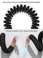 Quickeep Car Carplay Cable 3ft Coiled USB A to USB C Fast Charge Cord for iPhone 16/15/Plus/Pro Max/MacBook Pro, Auto Coiled Retractable iPhone Car Cord