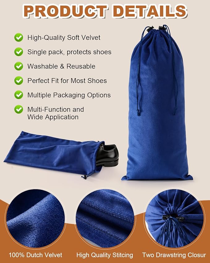 6 Pcs Single Shoe Bags for Travel, 17.3"x8.6" Washable Travel Shoe Bags for Packing in Suitcase, Velvet Dust Bag with Drawstring, Shoe Pouch for Women and Men, Travel and Home Storage(Palace Blue)
