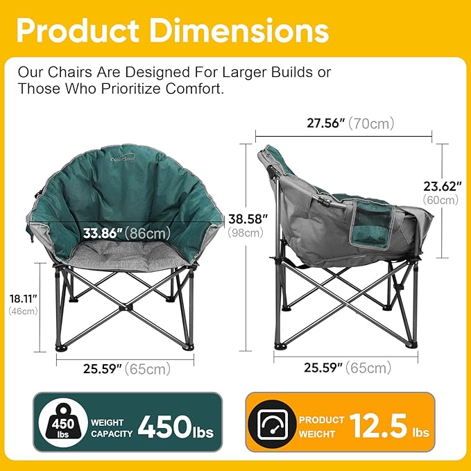 Colorsoul Oversized Camping Chairs Heavy Duty, Full Padded Foldable Camping Chairs for Adults with Cup Holders, Portable Camp Lawn Chairs for Outdoor, Support 450lbs,Green