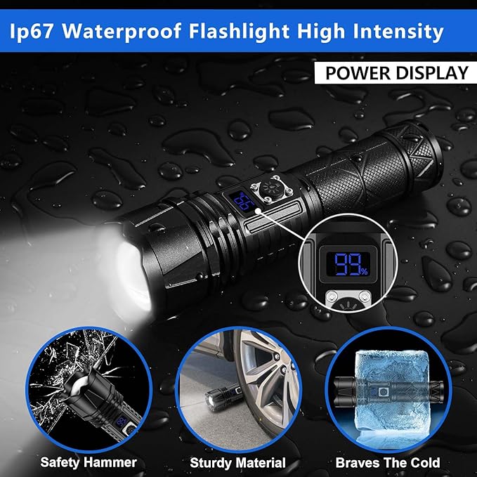 Rechargeable LED Flashlight 10000 Lumen, Super Bright Flashlight with Digital Power Display and Zoomble, Flashlights High Lumens Rechargeable for Camping, Outdoor
