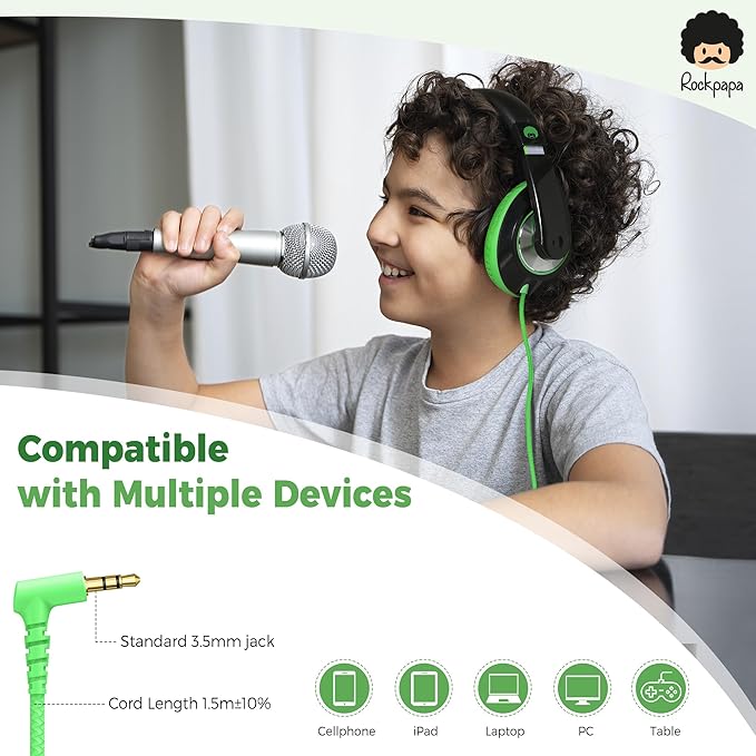 rockpapa Comfort Kids Headphones for School, Lightweight Foldable Portable Childs Boys Girls Teens Headphones Wired 3.5mm with 4.9ft Cord for Travel Airplane Tablet Phone Pad Laptop Black/Green